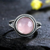 Vintage Oval Rose Quartz Ring 925 Silver Women's Sun Shaped Jewelry