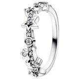 925 Silver Crescent Moon Stars Pave Double Band Ring Women Gift