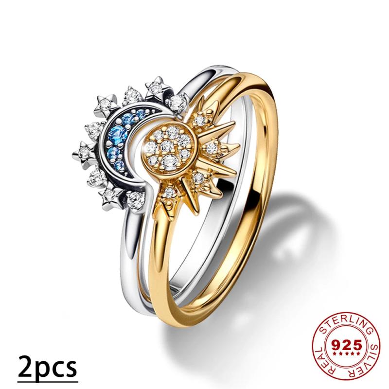 925 Silver Moon & Sun Ring Set For Women - 2 IN 1 Statement Band