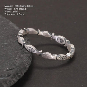 999 Pure Silver Fish Ring Antique Matte Finish Vintage Jewelry