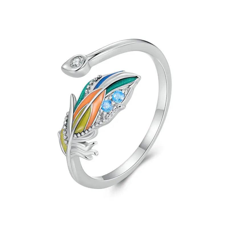925 Silver Rainbow Feather Open Ring Adjustable Statement Stackable Rings