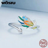 925 Silver Rainbow Feather Open Ring Adjustable Statement Stackable Rings