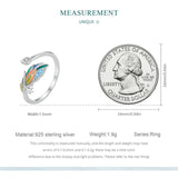 925 Silver Rainbow Feather Open Ring Adjustable Statement Stackable Rings