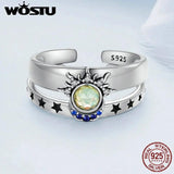 925 Silver Sun Moon Stars Couple Opening Ring Fine Jewelry