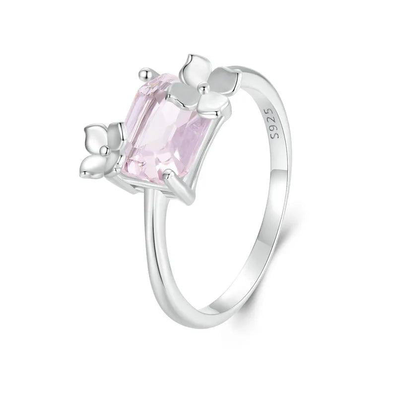 925 Silver Pink Crystal Engagement Ring Romantic Flower Anillo Party Jewelry