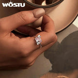 925 Silver Pink Crystal Engagement Ring Romantic Flower Anillo Party Jewelry
