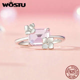 925 Silver Pink Crystal Engagement Ring Romantic Flower Anillo Party Jewelry