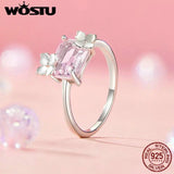 925 Silver Pink Crystal Engagement Ring Romantic Flower Anillo Party Jewelry