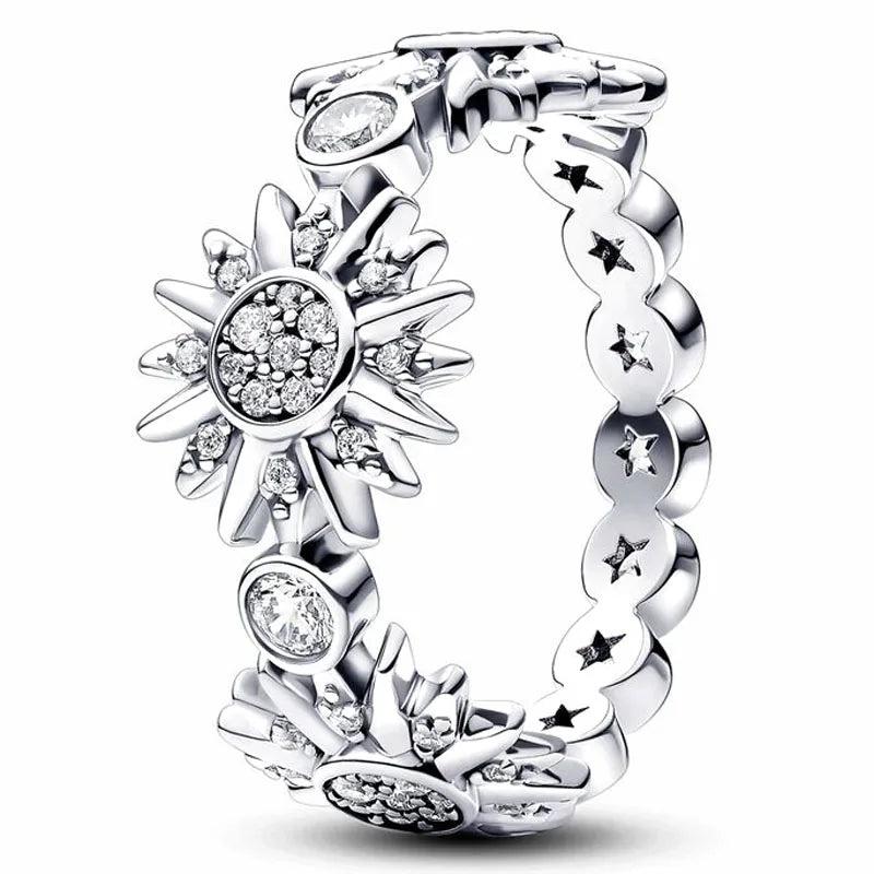 925 Silver Ring Sparkling Sun Crystal Women Jewelry Birthday Gift