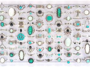 20pcs/Lot Turquoise Stone Flower Vintage Rings Women Boho Ethnic Style