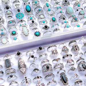 20pcs/Lot Turquoise Stone Flower Vintage Rings Women Boho Ethnic Style