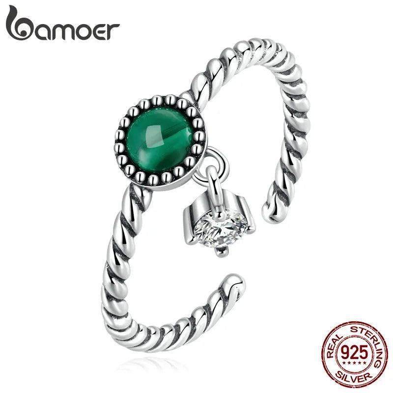925 Silver Malachite Open Size Ring Green Gem Stone Female Wedding Gift