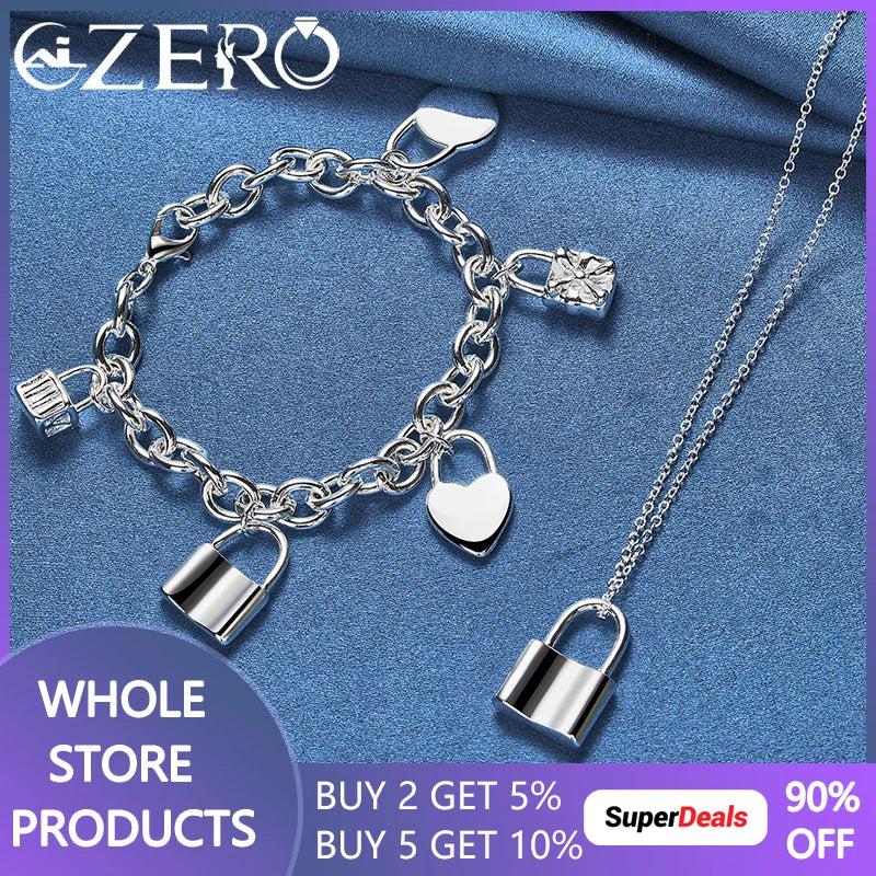 ALIZERO 925 Silver Lock Pendant Necklace Bracelet Set Charm Jewelry