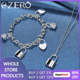ALIZERO 925 Silver Lock Pendant Necklace Bracelet Set Charm Jewelry