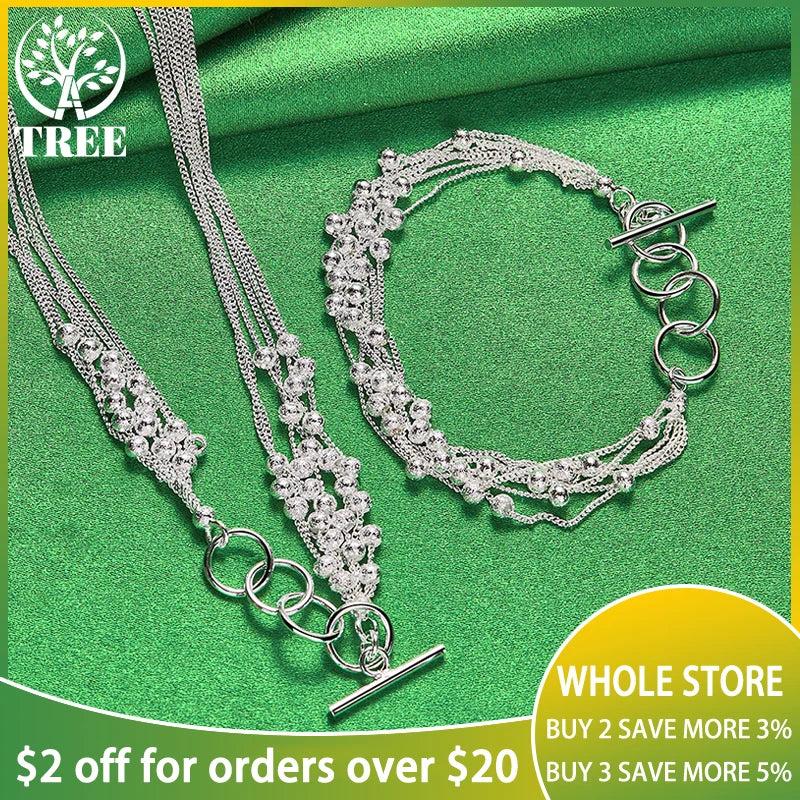 925 Sterling Silver Jewelry Set Frosted Beads Necklace Bracelets