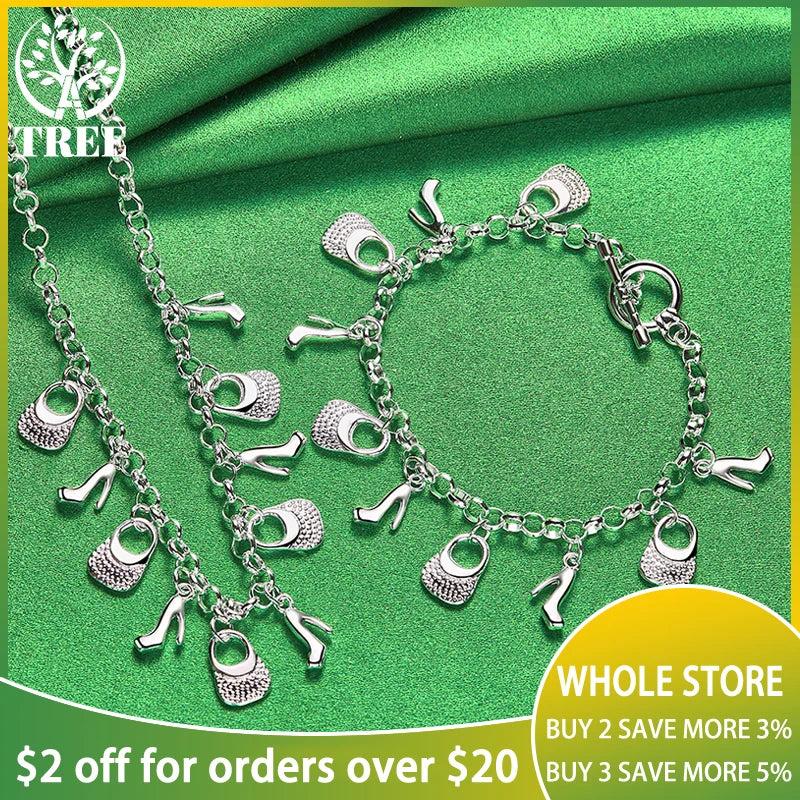 925 Silver Woman Bag/High Heels Pendant Necklace Set