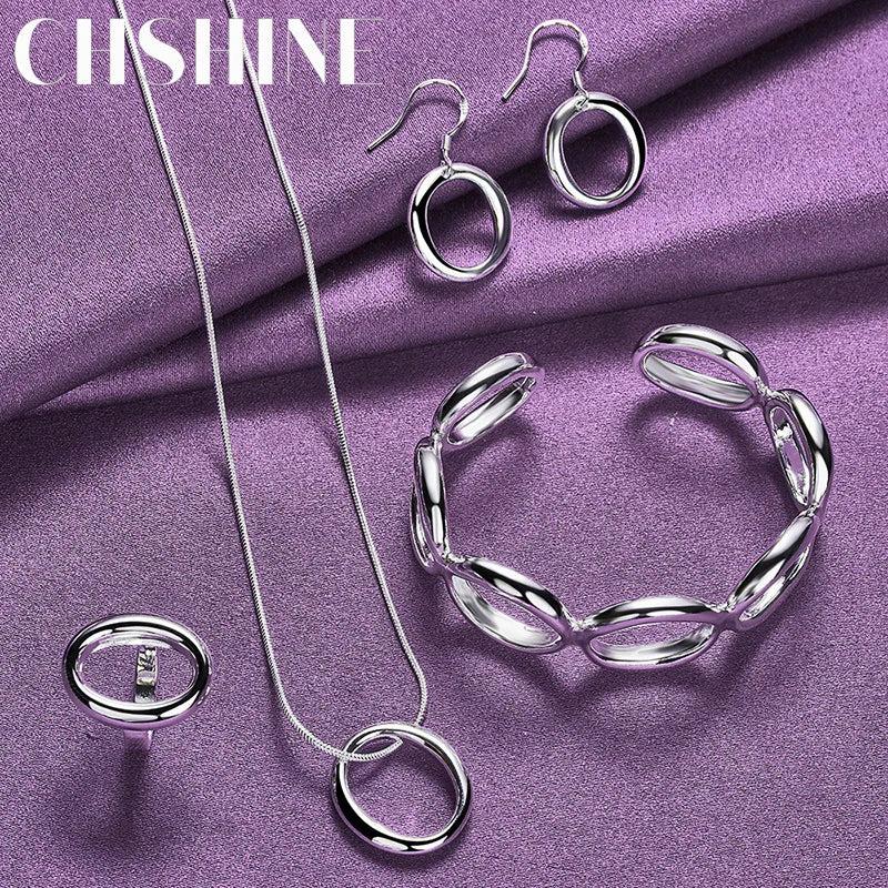 925 Sterling Silver Bangle Set with Ring Earrings Necklace Charm