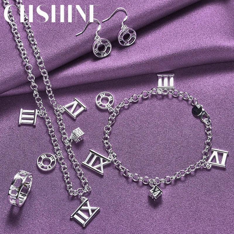 925 Silver Roman Pendant Necklace Earrings Bracelet Set