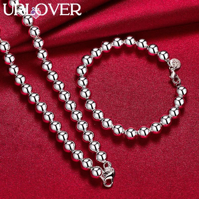 925 Sterling Silver 8mm Bead Chain Necklace Bracelet Set