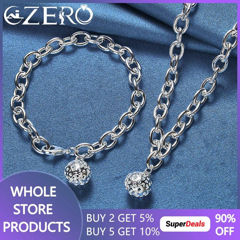 ALIZERO 925 Silver Ball Chain Necklace Bracelet Set Wedding Party Jewelry