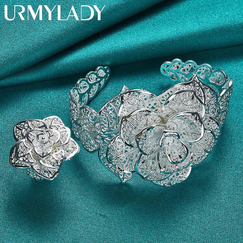925 Silver Big Flower Ring Bangle Bracelet Set Women Wedding Charm Gift