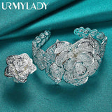 925 Silver Big Flower Ring Bangle Bracelet Set Women Wedding Charm Gift