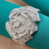 925 Silver Big Flower Ring Bangle Bracelet Set Women Wedding Charm Gift