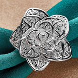 925 Silver Big Flower Ring Bangle Bracelet Set Women Wedding Charm Gift