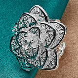 925 Silver Big Flower Ring Bangle Bracelet Set Women Wedding Charm Gift