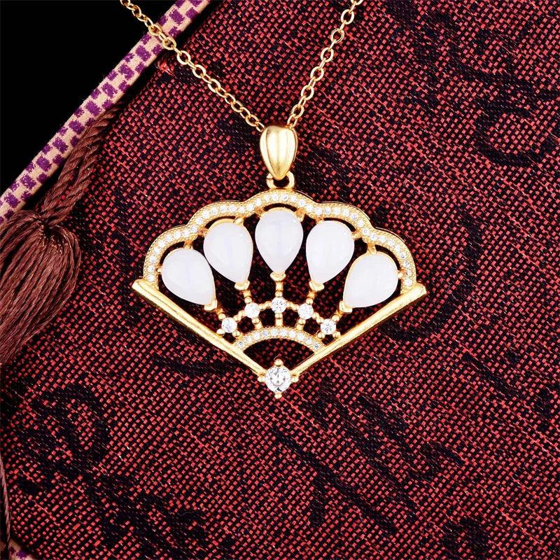 Zircon Jade Fan Pendant Necklace Bracelet Set 925 Silver Mother's Gift
