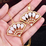 Zircon Jade Fan Pendant Necklace Bracelet Set 925 Silver Mother's Gift