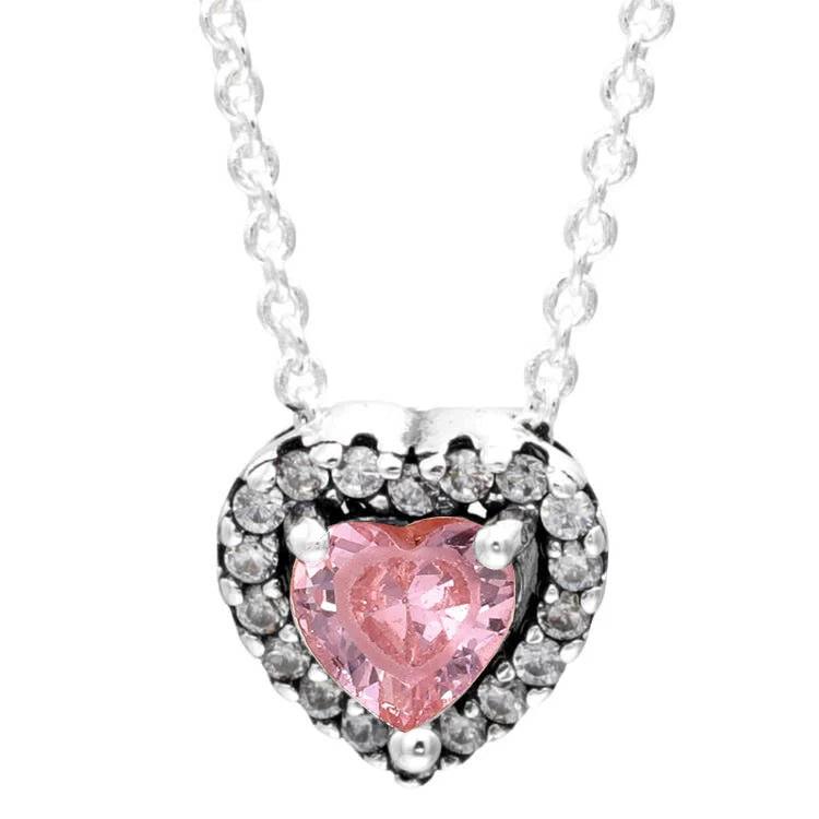 Timeless Elegant Heart Pendant Red Crystal 925 Silver Necklace Europe Bead Charm
