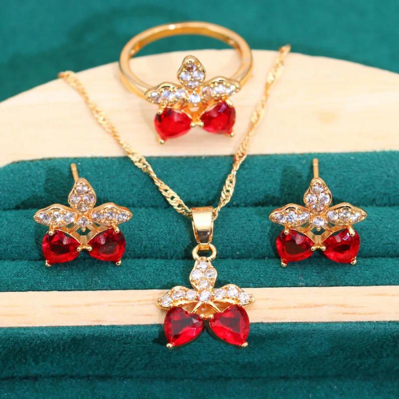 Red Topaz Bridal Jewelry Set for Women Earrings Ring Necklace Pendant