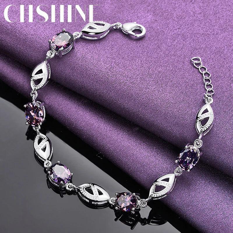 925 Silver Purple Crystal Chain Bracelet Wedding Party Jewelry