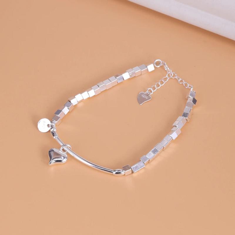 925 Silver Heart Geometric Square Bracelet Asymmetric Punk Style