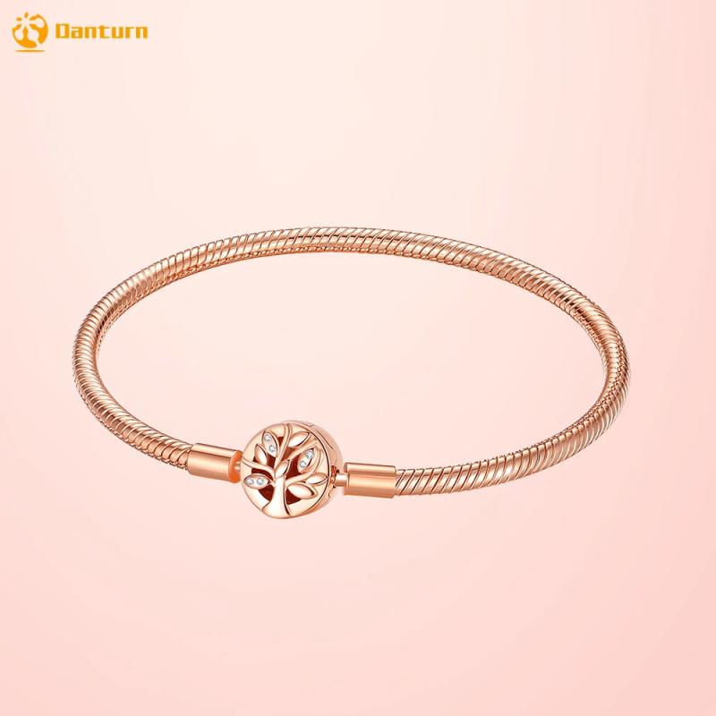 925 Silver Rose Family Tree Clasp Snake Chain Bracelet