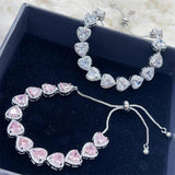 Pink Heart Women Silver Bracelet Cut CZ Bridal Adjustable Party Jewelry