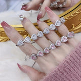 Pink Heart Women Silver Bracelet Cut CZ Bridal Adjustable Party Jewelry