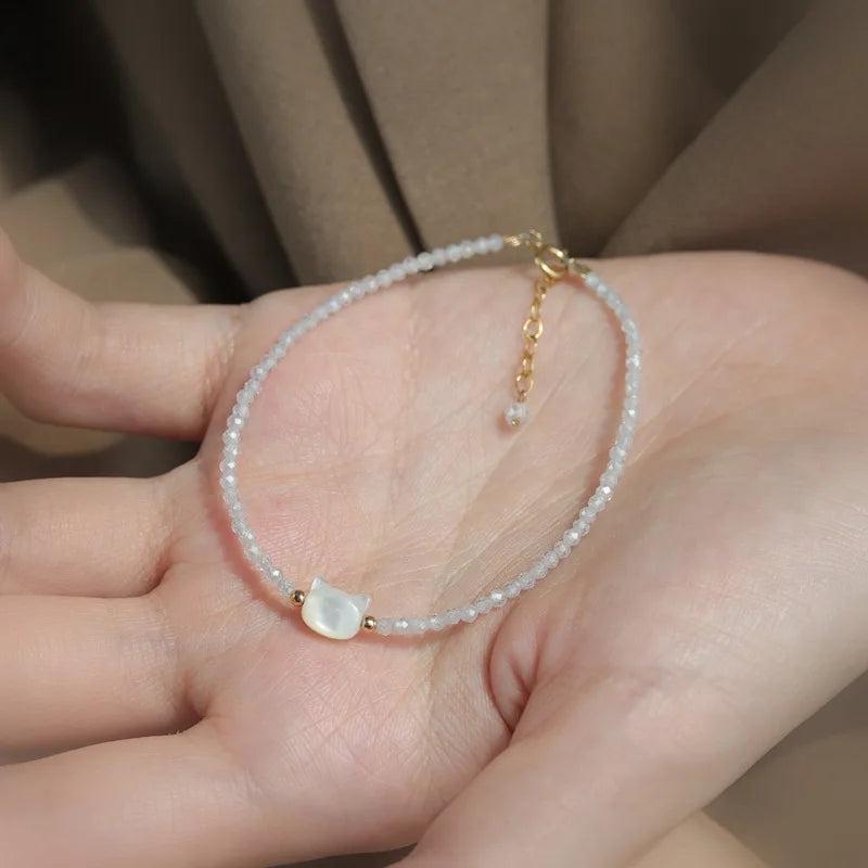 14k Plated Crystal Beaded Bracelet with Cat Charm YBR1009
