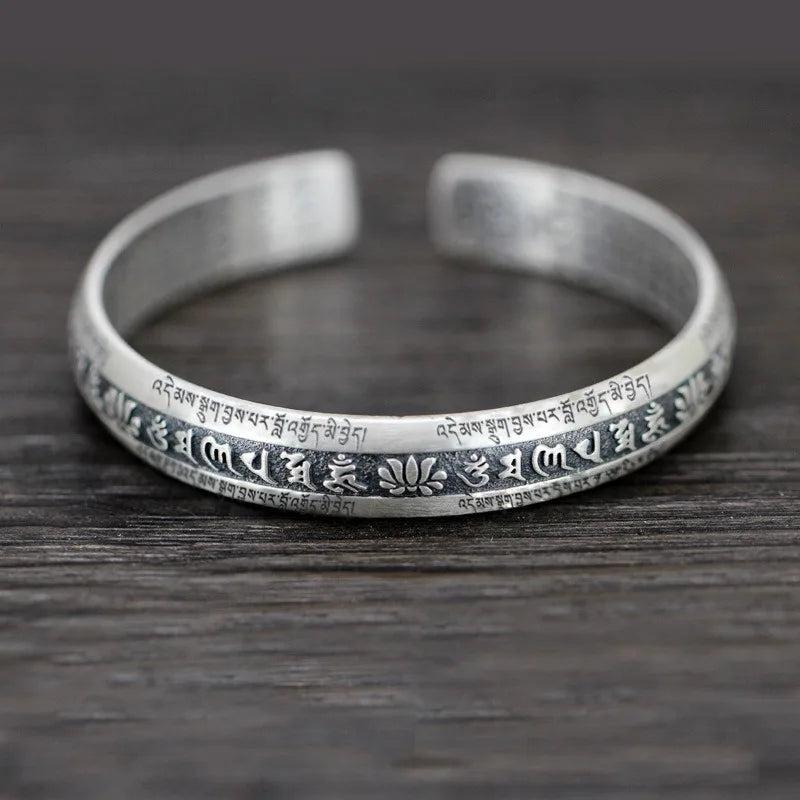 925 Silver Carved Prajnaparamita Heart Sutra Lotus Bracelet