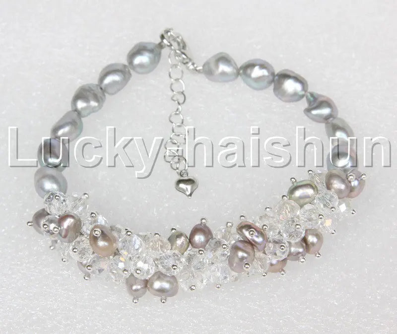 Adjustable Baroque Gray Pearls Agates Crystal Beaded Bracelet