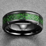 8mm Carbon Fiber Green Zircon Dragon Pattern Ring Tungsten Carbide Wedding Band