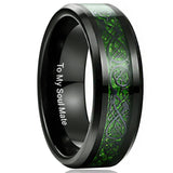 8mm Carbon Fiber Green Zircon Dragon Pattern Ring Tungsten Carbide Wedding Band