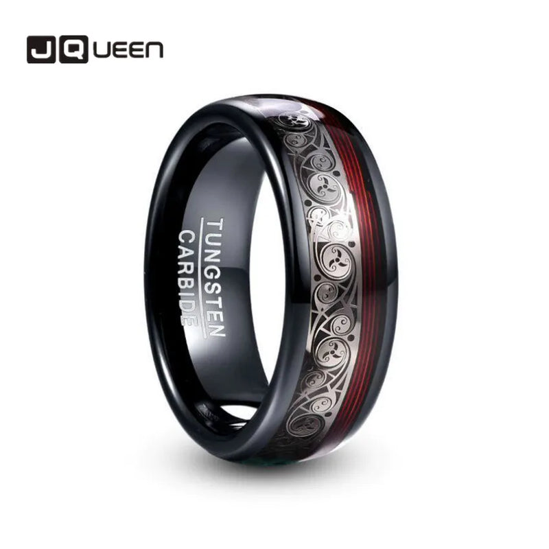 8mm Tungsten Steel Ring Triple Spiral Pattern+Red Guitar String Inlay