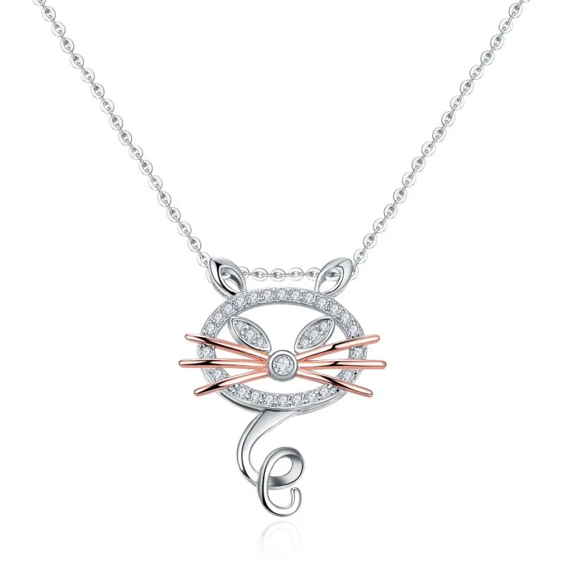 925 Silver Cat Pendant Rose Choker Zircon Necklace
