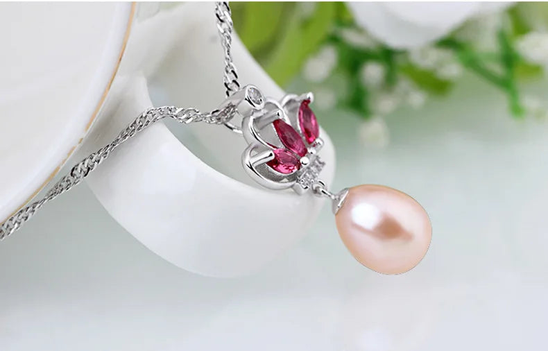 Natural Pearl Pendant S925 Silver Crown Freshwater Pearl Necklace