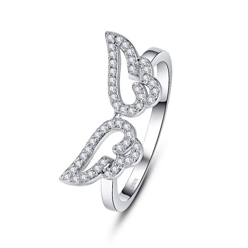 Silver Sparkling Ring Romantic CZ Angel Wings Finger Ring For Women
