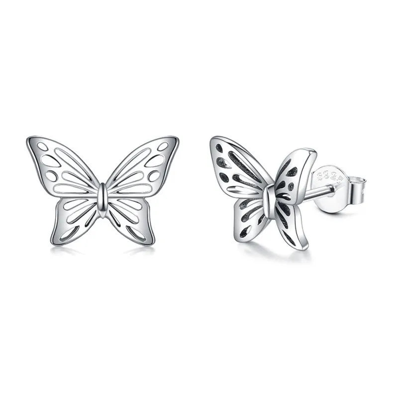 Vintage 925 Silver Hollow Butterfly Stud Earrings Women's Jewelry