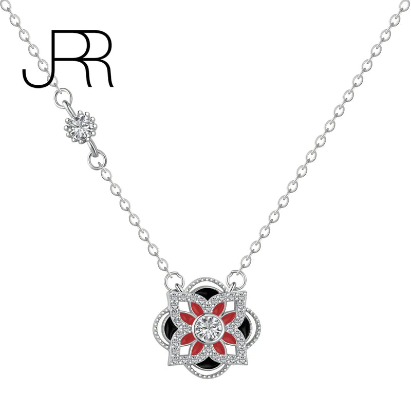 925 Sterling Silver Red Enamel Flower Pendant Diamond Necklace Birthday Party
