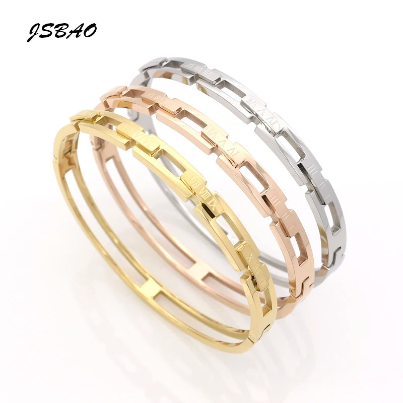 Hollow Roman Numerals Bangle Bracelet Stainless Steel Fine Jewelry For Women